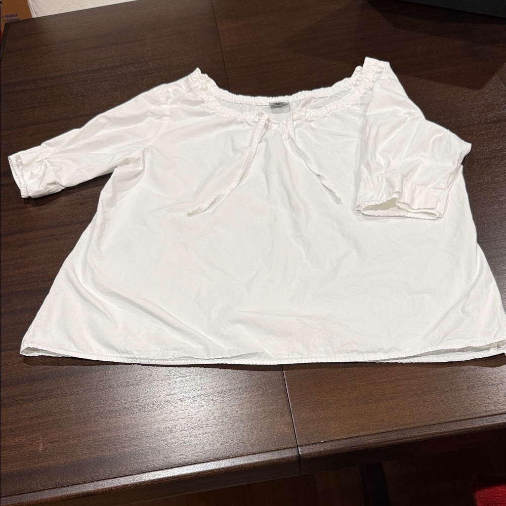 CP Shades White Blouse with Drawstring Ruffled Neckline